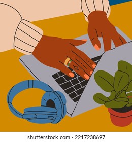 Female hands working on laptop. Headphones and plant on working desk. Top view from side. Working, chatting, study, communication, work from home concept. Hand drawn modern Vector illustration