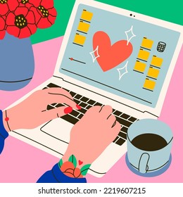 Female hands working on laptop. Coffee, flowers on working desk. Point of view on Laptop screen. Working, studying, work from home concept. Hand drawn modern Vector illustration