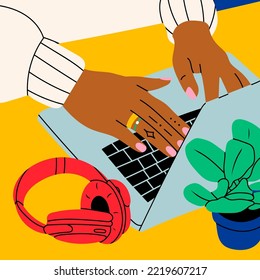 Female hands working on laptop. Headphones and plant on working desk. Top view from side. Working, chatting, study, communication, work from home concept. Hand drawn modern Vector illustration