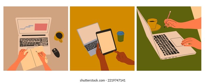 Female hands working on laptop, holding graphic tablet. Working, drawing, chatting, study, communication, work from home concept. Set of three hand drawn modern Vector illustrations