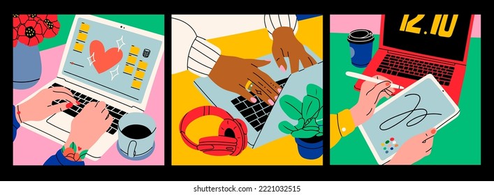 Female hands working laptop  holding graphic tablet  Working  drawing  chatting  study  communication  work from home concept  Set three hand drawn modern Vector illustrations