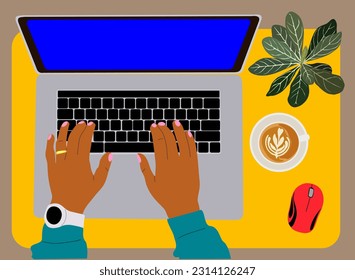 Female hands working on laptop at desk top view. Working, chatting, communication, surfing internet, working online, watching video, shopping. Colorful cartoon flat vector illustration