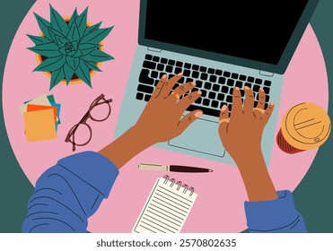 Female hands working on laptop. Glasses, pen, coffee cup, house plant on working desk Top view. Working, chatting, study, communication, work from home concept. Hand drawn modern Vector illustration