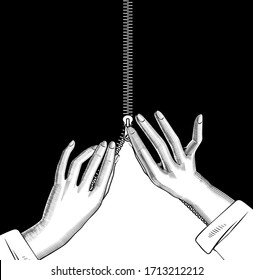Female hands zipped the slide fastener on black. Linear drawing. Vector illustration