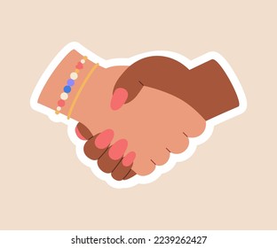 Female handshake. Feminist sticker. Women friendship and partnership concept. Hand drawn vector illustration isolated on yellow background. Modern flat cartoon style.