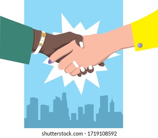  Sacudida de mano femenina. Diseño plano. Dos mujeres de negocios vestidas de verde y amarillo contra el fondo azul de la metrópolis dan la mano