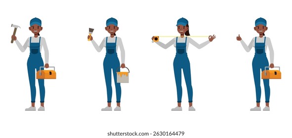 Female handyman wear blue repairman apron character vector illustration design set. Women thumb up hand, holding hammer, paint bucket and tape measure.