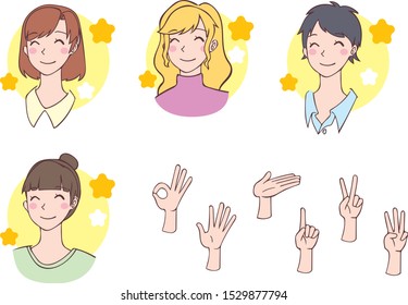 Female happy expression hand icon
