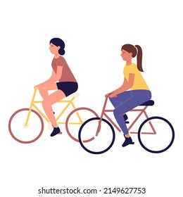 Female happy friends riding on bicycles. Outdoor recreation and healthy leisure time activity cartoon vector illustration