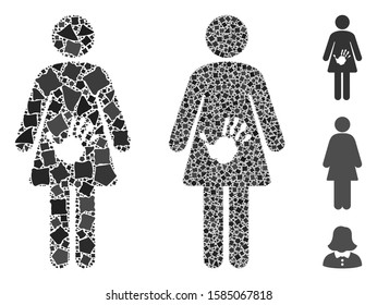 Female harassment icon composition of abrupt pieces in different sizes and color tones, based on female harassment icon. Vector rugged pieces are composed into collage.