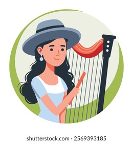 Female harpist illustration in flat style 