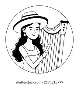 Female harpist illustration in glyph style 