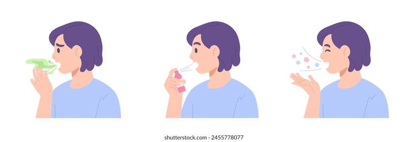 Female has bad breath and then uses mouth spray for good breath. Concept of fresh breathing spray, sore throat infection treatment, tonsillitis, hygiene, refresh breathing. Flat vector illustration.