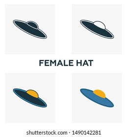 Female Hat icon set. Four elements in diferent styles from clothes icons collection. Creative female hat icons filled, outline, colored and flat symbols.