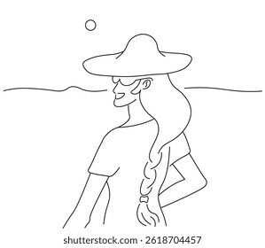 weiblich in Hut auf einfache Landschaft im Doodle-Stil. Vorlage für Hintergrund, Tapete, Banner, Kulisse, Dekoration