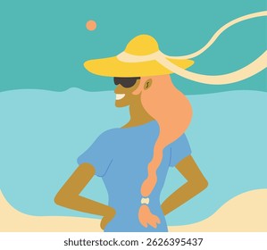 female in hat on simple landscape in doodle style. Template for background, wallpaper, banner, backdrop, decoration