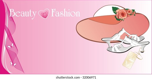 Female hat and shoes. Fashion card. Vector