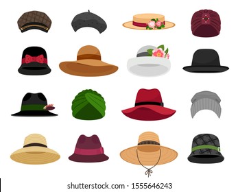 Female hats and caps. Woman vacation cap and hat vector illustrations, bonnet and panama, traditional lady head wearing types, fashion beret and napper accessories