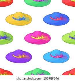 Female hats of different colors with the beautiful bows and tapes, seamless background. Vector
