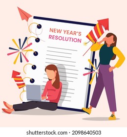 La mujer está debatiendo y escribiendo sus resoluciones para el año siguiente en una nota. Ilustración vectorial colorida. Resolución de año nuevo.