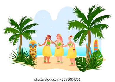 Female Hawaiian dancers on beach vector illustration. Cartoon drawing of hula dancers, women in tropical or exotic paradise. Vacation, summer, entertainment, music, tourism concept