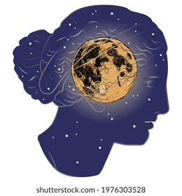 Female head of ancient Greek woman as starry night with full moon. Goddess Nyx or Selene. Creative concept. 