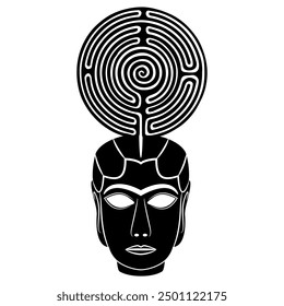 Female head of ancient woman or goddess Inanna from Iraq holding a round spiral maze or labyrinth symbol. Mythological concept. Ariadne. The Mask from Warka. Lady of Uruk. Black and white silhouette.