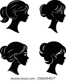 Female head black and white cameo silhouette collection. Retro cameo silhouette set  with decorative women’s profile art.