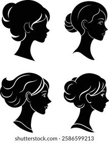 Female head black and white cameo silhouette collection. Retro cameo silhouette set  with decorative women’s profile art.