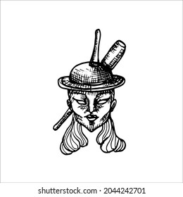 female head in bowler hat with Devil Sticks stuck in her head - vector drawing in the style of engraving. portrait of a female juggler on a halloween theme.