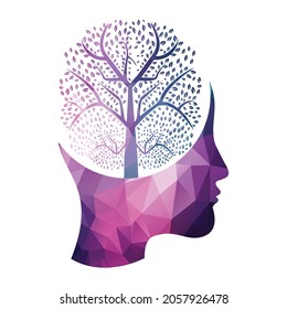 Cabeza femenina con el concepto del logo del árbol cerebral. Diseño de la mente de los árboles cerebrales orgánicos.