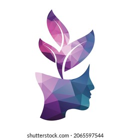 Cabeza femenina con el concepto del logo del árbol cerebral. Diseño de la mente de los árboles cerebrales orgánicos.