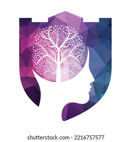 Female head with  brain tree logo concept. Organic brain  tree mind concept design.