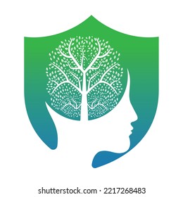 Female head with  brain tree logo concept. Organic brain  tree mind concept design.