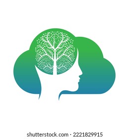 Female head with  brain tree logo concept. Organic brain  tree mind concept design.