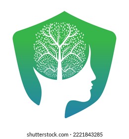 Female head with  brain tree logo concept. Organic brain  tree mind concept design.