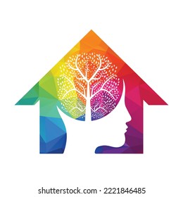 Female head with  brain tree logo concept. Organic brain  tree mind concept design.
