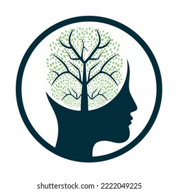 Female head with  brain tree logo concept. Organic brain  tree mind concept design.