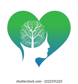 Female head with  brain tree logo concept. Organic brain  tree mind concept design.