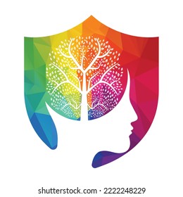 Female head with  brain tree logo concept. Organic brain  tree mind concept design.