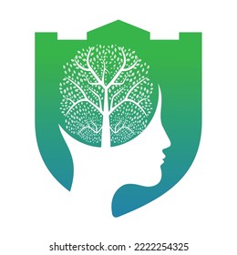 Female head with  brain tree logo concept. Organic brain  tree mind concept design.