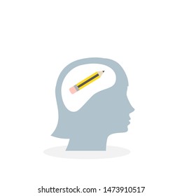 Female head and brain vector icon. Pencil icon. Vector illustration, flat design