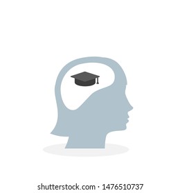 Female head and brain vector icon. Graduation cap. Vector illustration, flat design