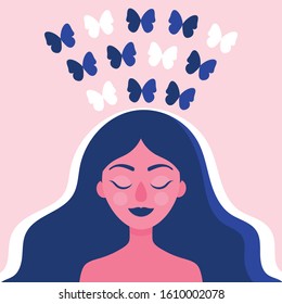 Female head with butterflies flying from the head, happiness, relaxation, liberation from problems.Creative, ideas.Psychological concept.Psychotherapy.Flat vector illustration