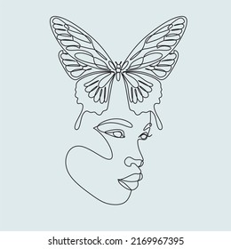 Female head with butterfly line art. Hand drawn vector linear illustration. Drawing in the style of one line. Butterfly Surreal Faces Continuous line, drawing of faces and hairstyles, fashion print