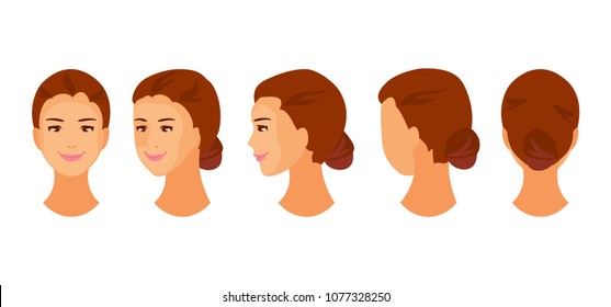 Female head character for animation. Front, side, half-turned, rear view. Vector illustration