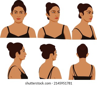 Female head character for animation front side back turnaround