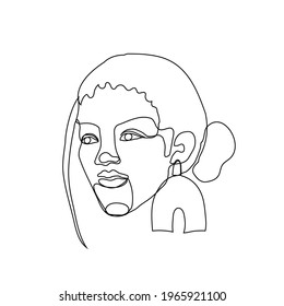 female head contour vector drawing with Statement Earring. woman with a bun on the back of her head and an arch-shaped earring. line drawing of a female portrait with hand made earring in scandi style