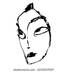 Female head. Face of a pretty girl with big eyes. Hand drawn linear doodle rough sketch. Black silhouette on white background.