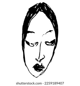 Female head. Face of a sad woman. Hand drawn linear doodle rough sketch. Black silhouette on white background.